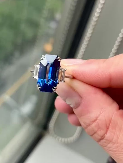 Emilio Jewelry AGL Certified 9.10 Carat Burma No Heat Emerald Cut Sapphire Ring